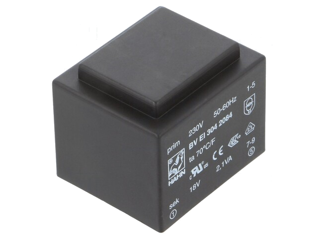 Transformator: ingegoten; 2,1VA; 230VAC; 18V; 117mA; PCB; BVEI Transformator: ingegoten; 2,1VA; 230VAC; 18V; 117mA; PCB; BVEI